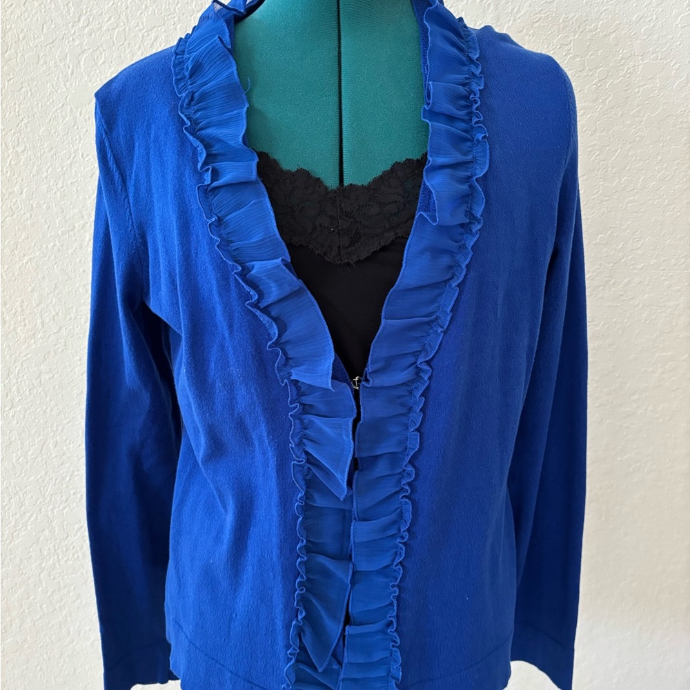 Jones New York Blue Ruffled Cardigan